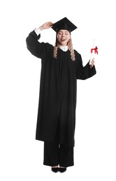 Photo of Happy student with diploma after graduation on white background