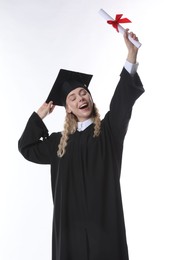 Photo of Happy student with diploma after graduation on white background
