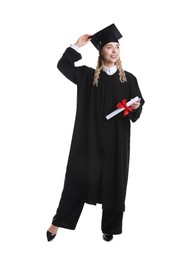 Photo of Happy student with diploma after graduation on white background