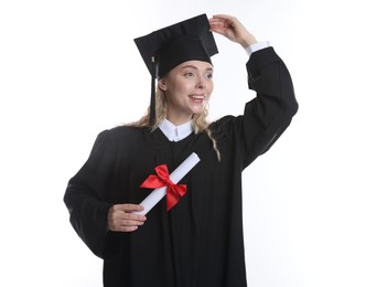 Photo of Happy student with diploma after graduation on white background