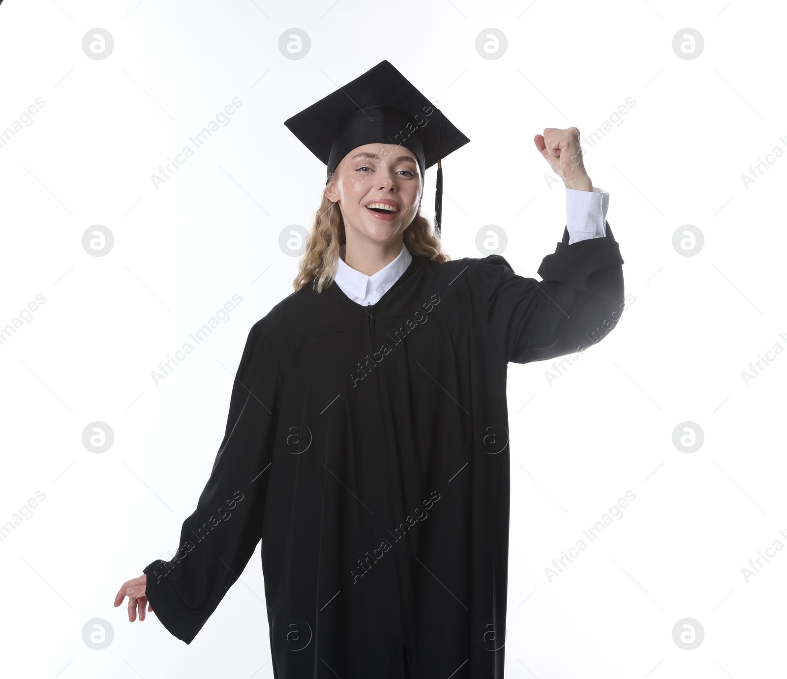 Happy student after graduation on white background Photo of Happy student after graduation on white background