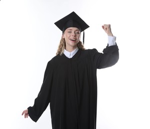 Photo of Happy student after graduation on white background