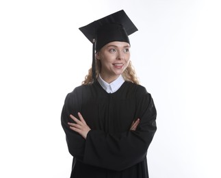 Photo of Happy student after graduation on white background