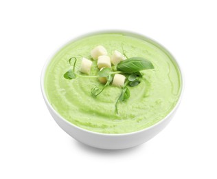 Photo of Tasty pea cream soup with croutons, basil and microgreens isolated on white