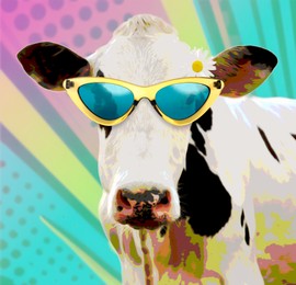 Image of Cute cow with sunglasses and flower against bright background, posterization effect