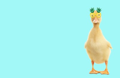 Image of Cute duckling with pineapple sunglasses against light blue background. Banner design with space for text