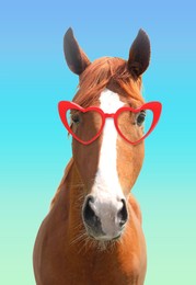 Image of Cute horse with heart-shaped sunglasses against blue gradient background