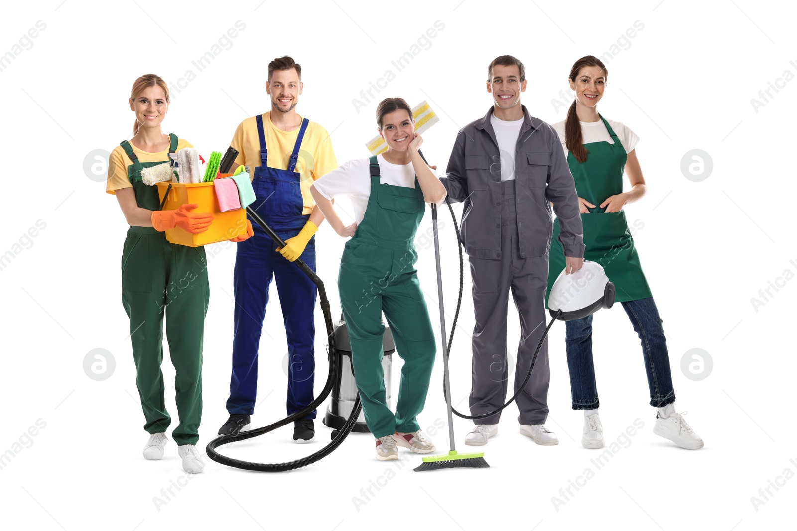 Team of professional janitors with supplies on white background. Cleaning service Image of Team of professional janitors with supplies on white background. Cleaning service