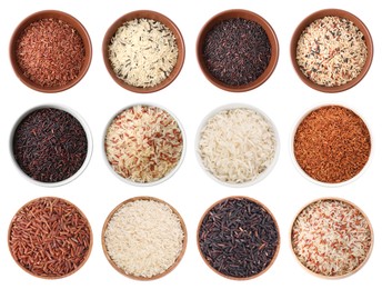 Image of Brown and other types of rice in bowls isolated on white, set. Top view