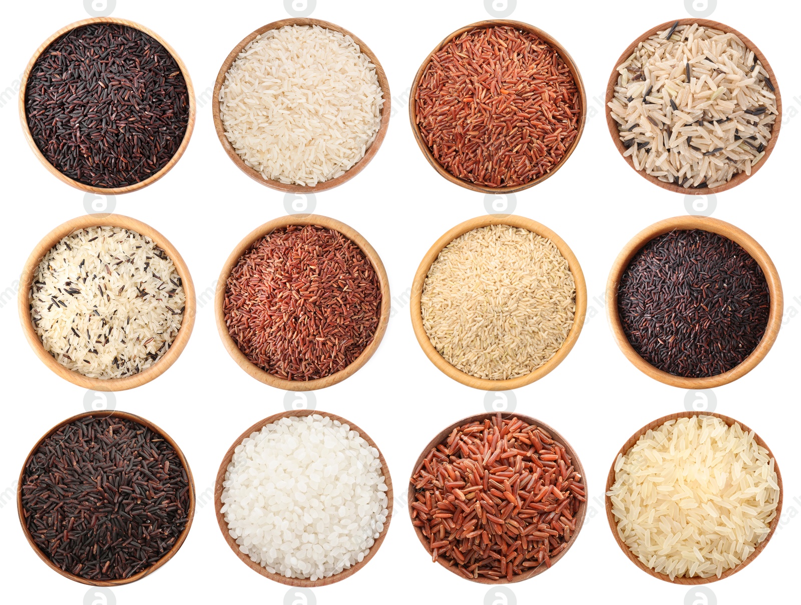 Brown and other types of rice in bowls isolated on white, set. Top view Image of Brown and other types of rice in bowls isolated on white, set. Top view