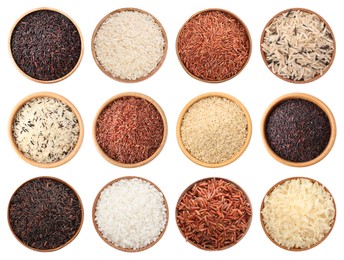Image of Brown and other types of rice in bowls isolated on white, set. Top view
