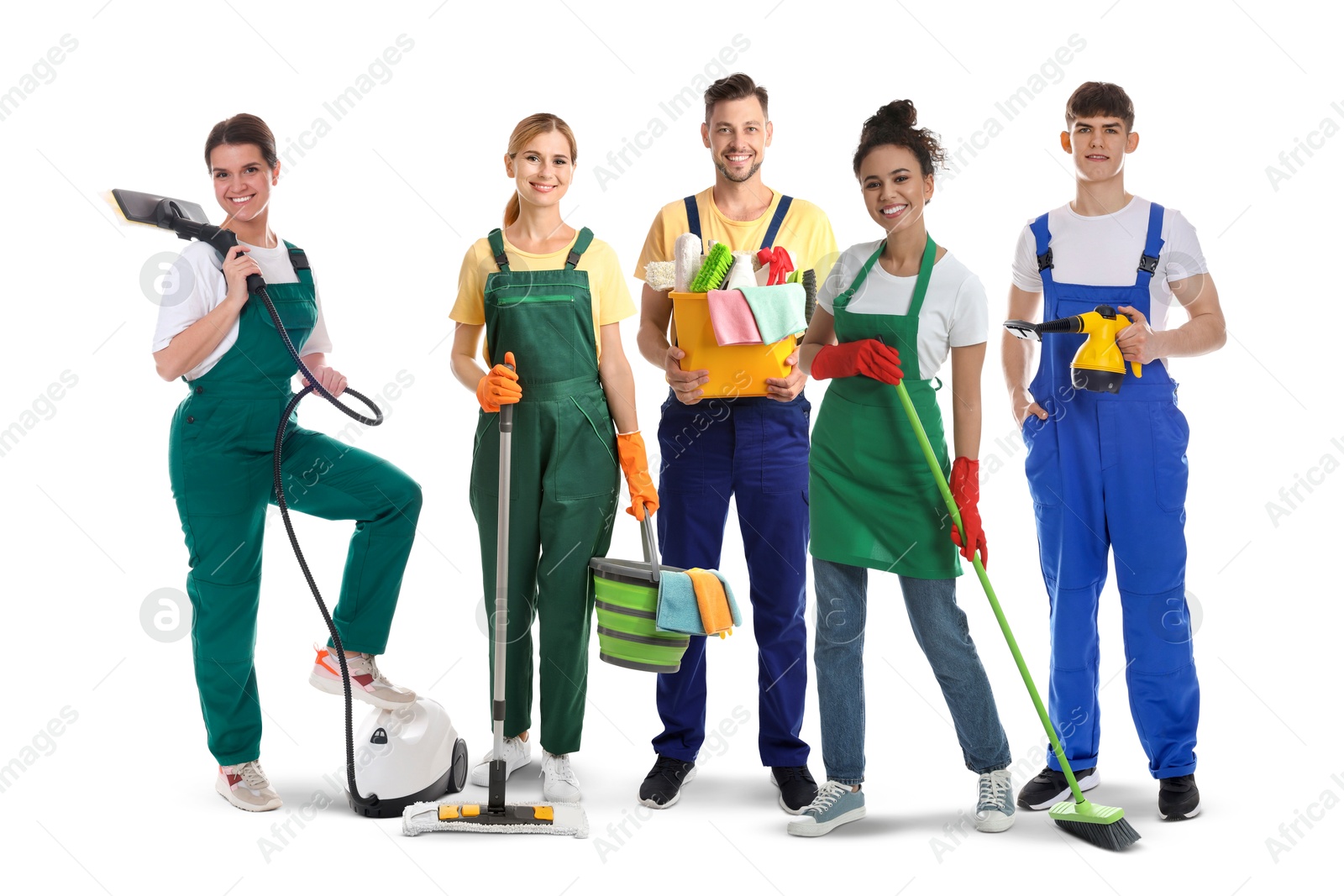Team of professional janitors with supplies on white background. Cleaning service Image of Team of professional janitors with supplies on white background. Cleaning service
