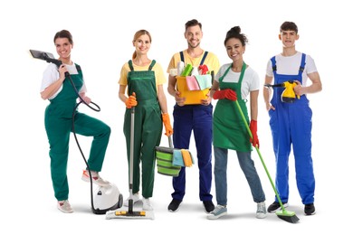 Image of Team of professional janitors with supplies on white background. Cleaning service