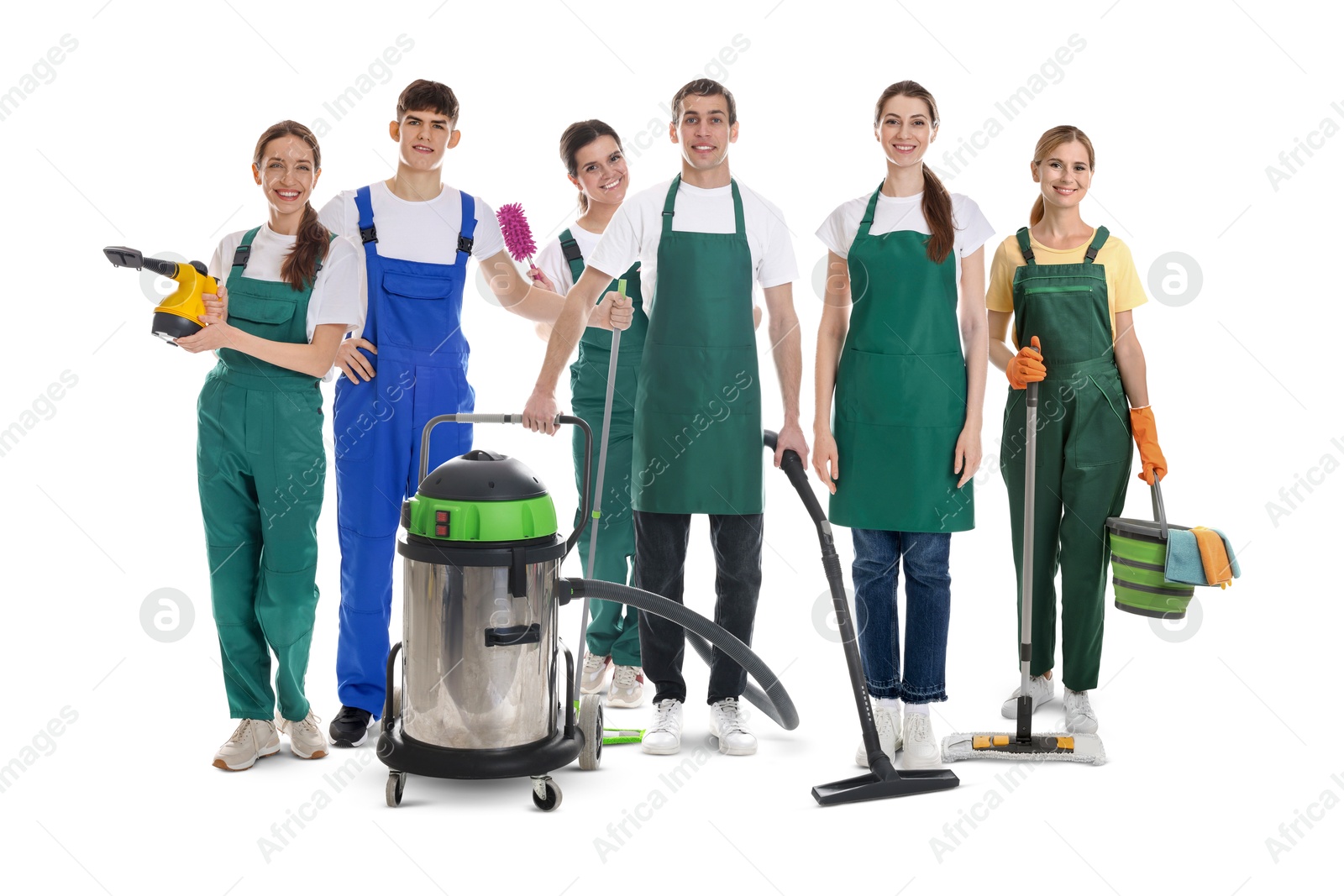 Team of professional janitors with supplies on white background. Cleaning service Image of Team of professional janitors with supplies on white background. Cleaning service