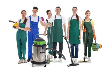 Image of Team of professional janitors with supplies on white background. Cleaning service