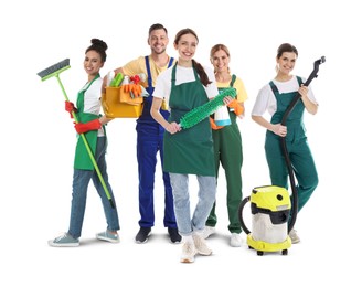Image of Team of professional janitors with supplies on white background. Cleaning service