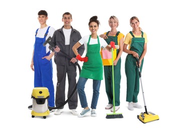 Image of Team of professional janitors with supplies on white background. Cleaning service