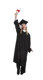 Photo of Happy student with diploma after graduation on white background