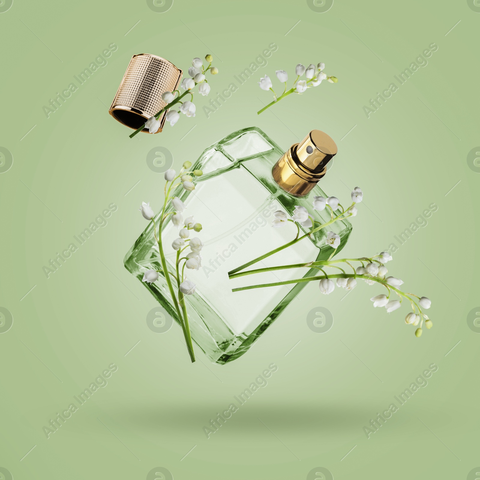 Lilies of the valley and bottle of perfume in air on light green background Image of Lilies of the valley and bottle of perfume in air on light green background