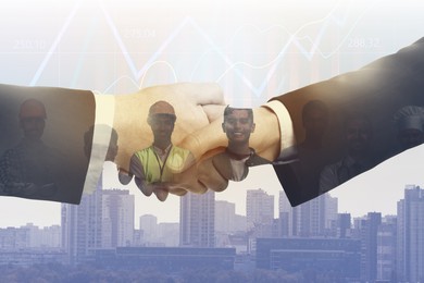 Image of Businessmen shaking hands, double exposure with cityscape and workers. Successful partnership and startup