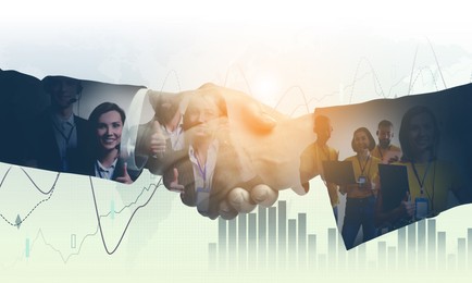 Image of Businessmen shaking hands, double exposure with workers. Successful partnership and startup
