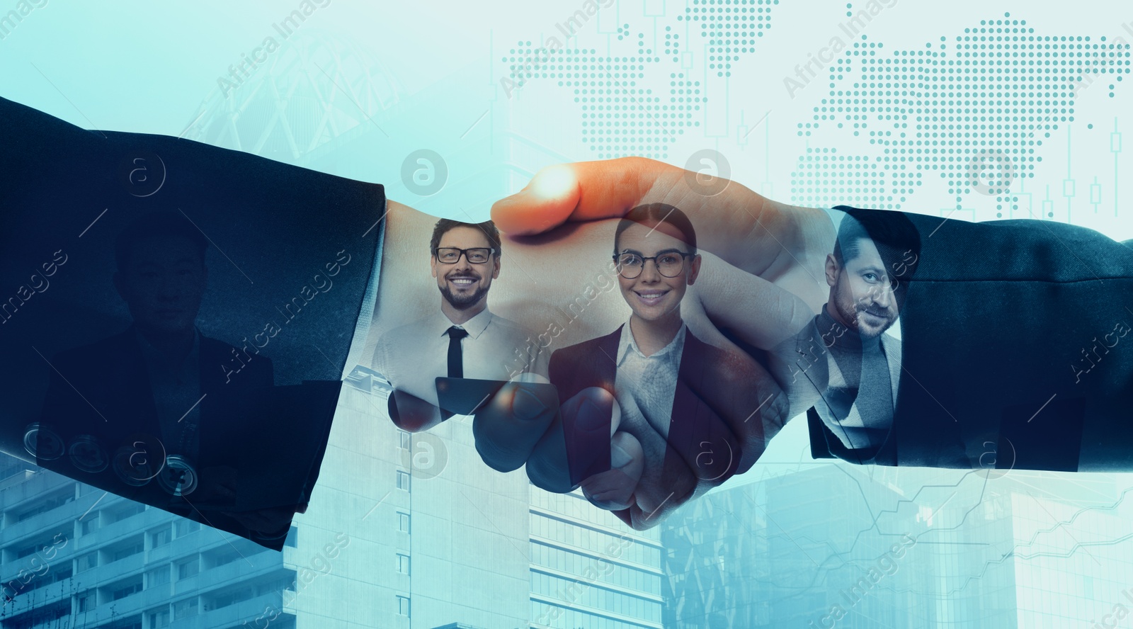 Businessmen shaking hands, double exposure with cityscape and workers. Successful partnership and startup Image of Businessmen shaking hands, double exposure with cityscape and workers. Successful partnership and startup