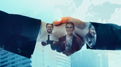 Image of Businessmen shaking hands, double exposure with cityscape and workers. Successful partnership and startup