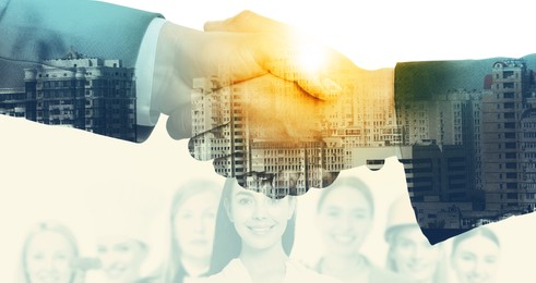 Image of Businessmen shaking hands, double exposure with cityscape and workers. Successful partnership and startup