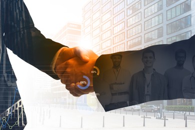 Image of Businessmen shaking hands, double exposure with cityscape and workers. Successful partnership and startup