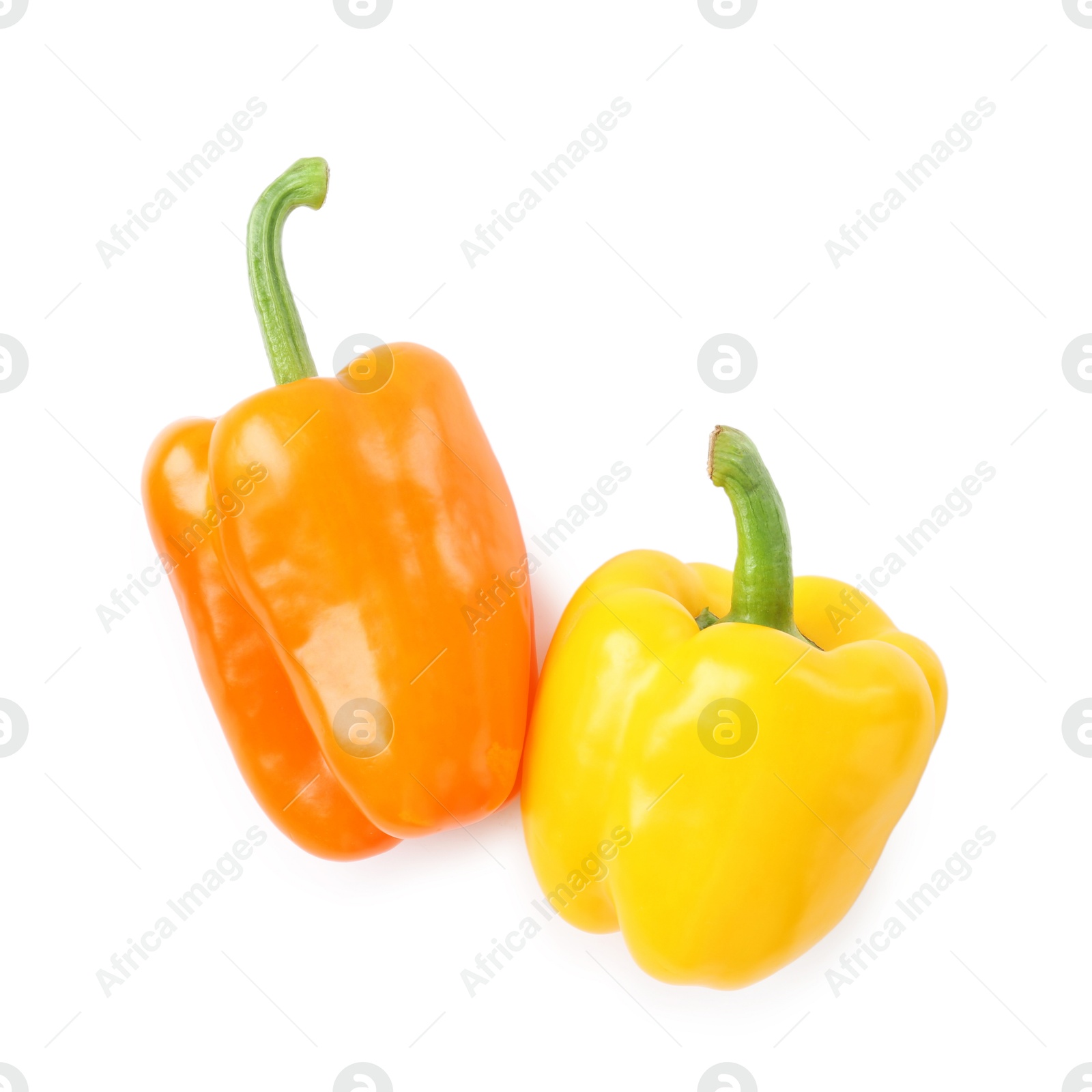 Photo of Ripe colorful bell peppers isolated on white, top view