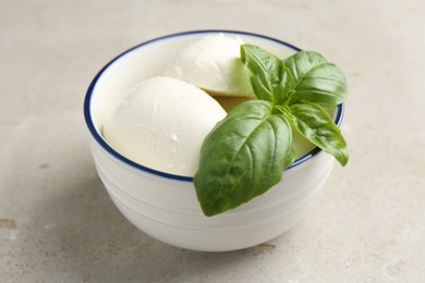 Photo of Tasty mozzarella cheese and basil on light table, closeup