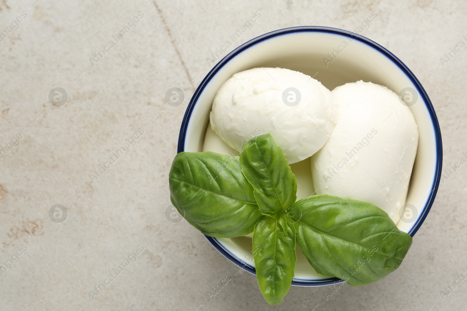 Photo of Tasty mozzarella cheese and basil on light table, top view. Space for text