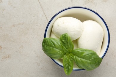 Photo of Tasty mozzarella cheese and basil on light table, top view. Space for text