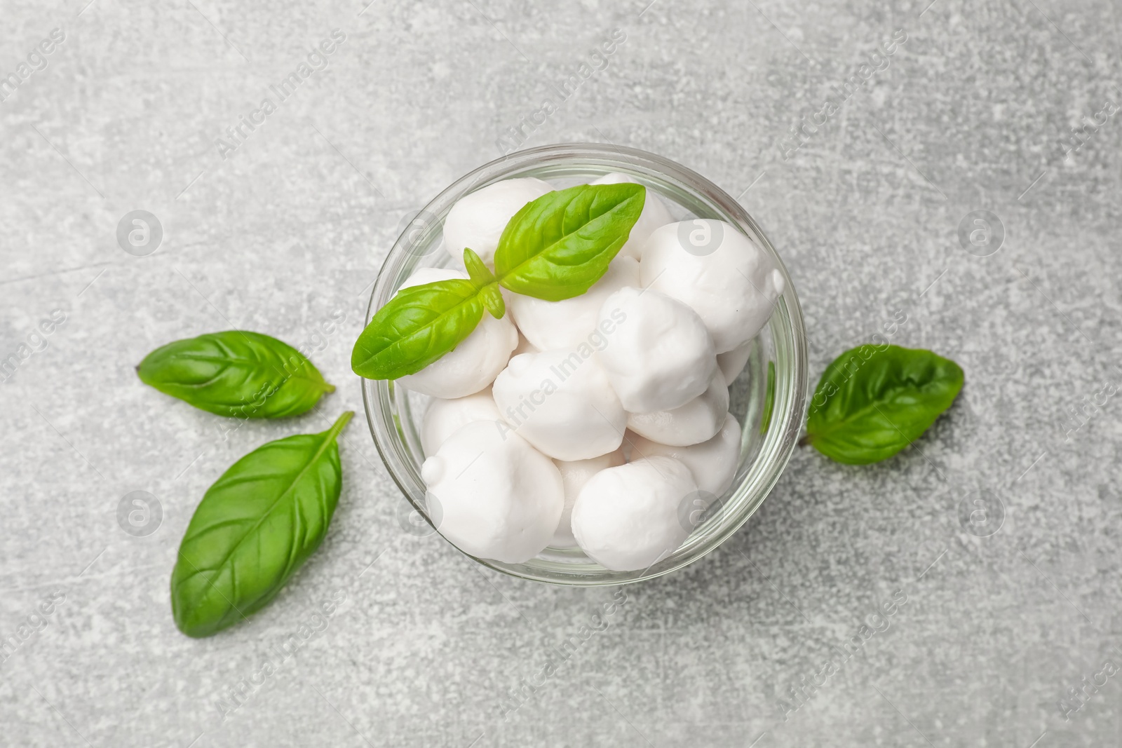 Mozzarella cheese balls and basil on light grey table, top view Photo of Mozzarella cheese balls and basil on light grey table, top view
