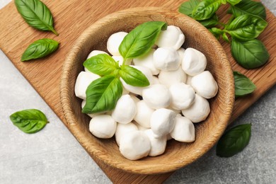 Photo of Mozzarella cheese balls and basil on light grey table, flat lay
