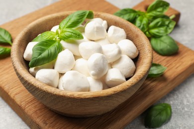 Photo of Mozzarella cheese balls and basil on light grey table, closeup