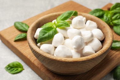 Photo of Mozzarella cheese balls and basil on light grey table, closeup