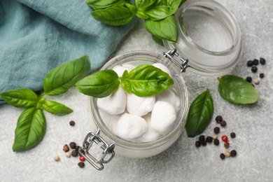 Photo of Mozzarella cheese balls with basil and peppercorns on light grey table, flat lay