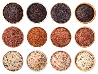 Image of Brown and other types of rice in bowls isolated on white, set. Top view