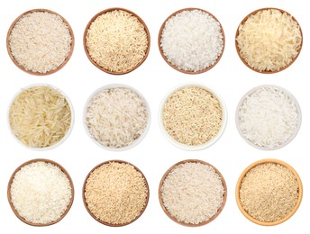 Image of Brown and other types of rice in bowls isolated on white, set. Top view