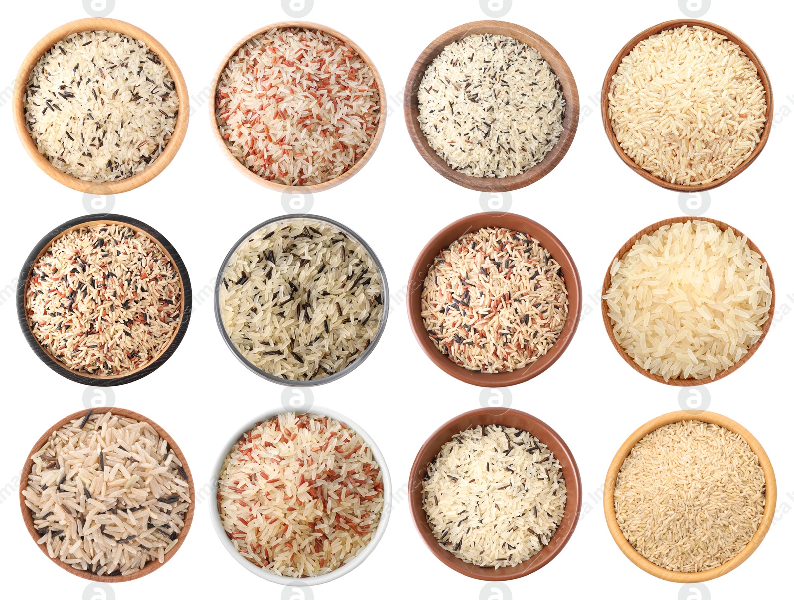 Brown and other types of rice in bowls isolated on white, set. Top view Image of Brown and other types of rice in bowls isolated on white, set. Top view