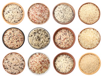 Image of Brown and other types of rice in bowls isolated on white, set. Top view