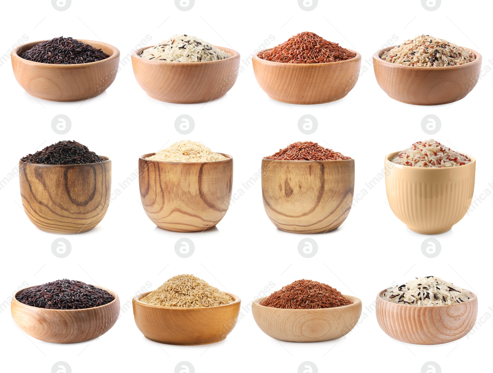 Brown rice and other types of rice in bowls isolated on white, set Image of Brown rice and other types of rice in bowls isolated on white, set