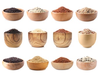 Image of Brown rice and other types of rice in bowls isolated on white, set