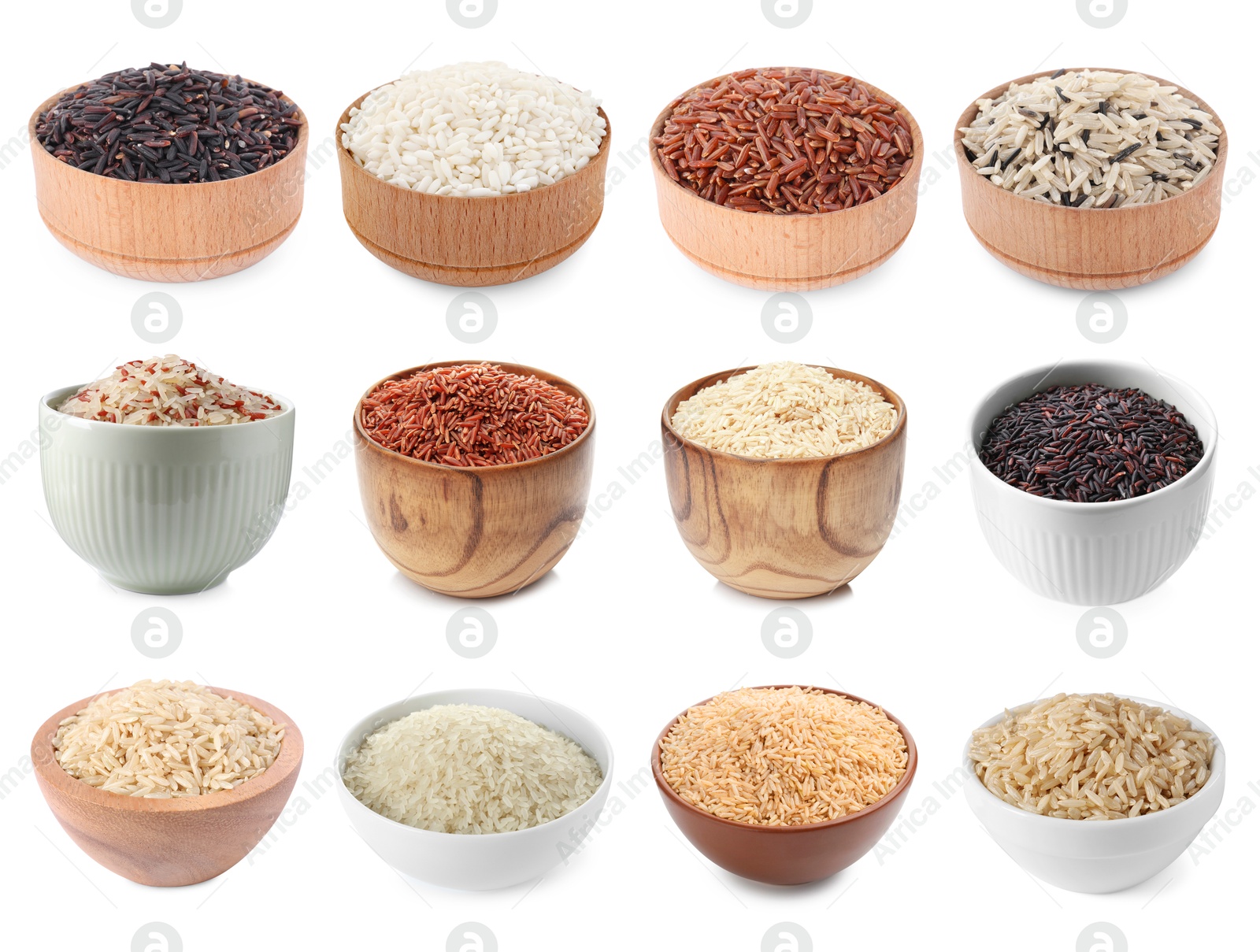 Brown rice and other types of rice in bowls isolated on white, set Image of Brown rice and other types of rice in bowls isolated on white, set