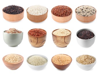 Image of Brown rice and other types of rice in bowls isolated on white, set
