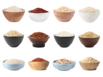 Image of Brown rice and other types of rice in bowls isolated on white, set