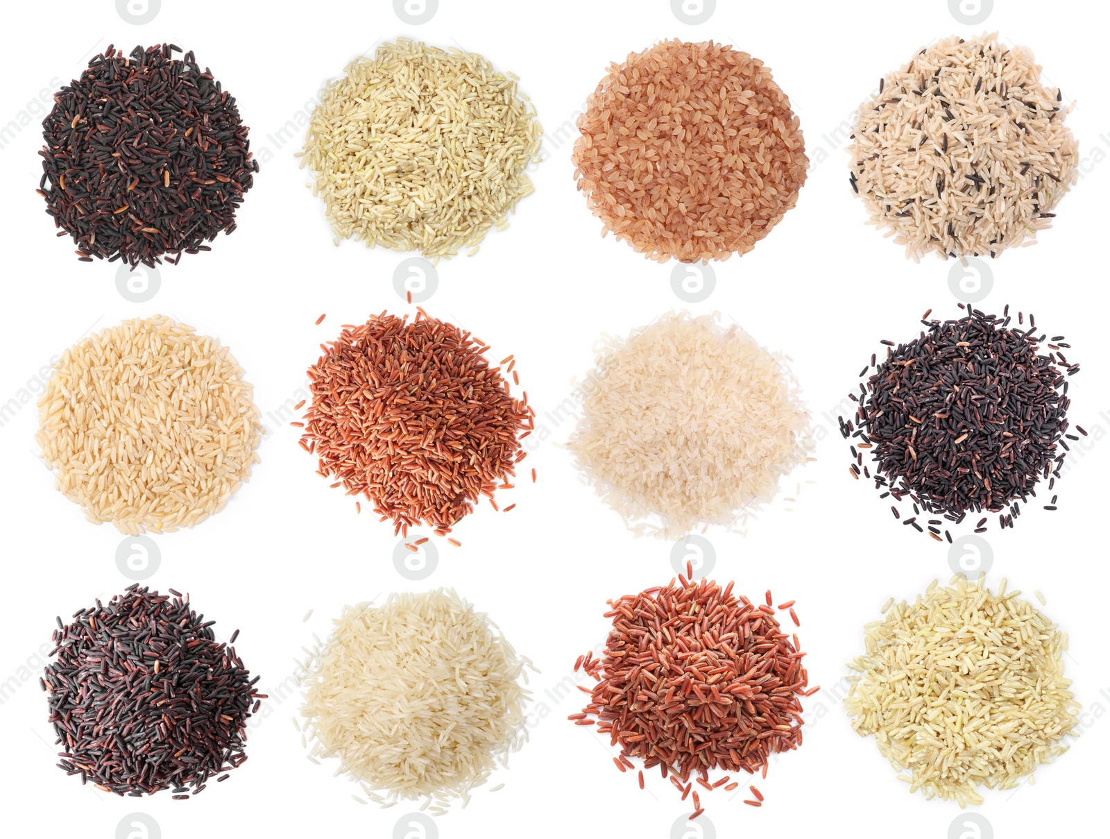 Image of Brown and other types of rice isolated on white, set. Top view