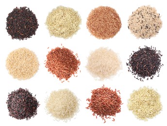 Image of Brown and other types of rice isolated on white, set. Top view