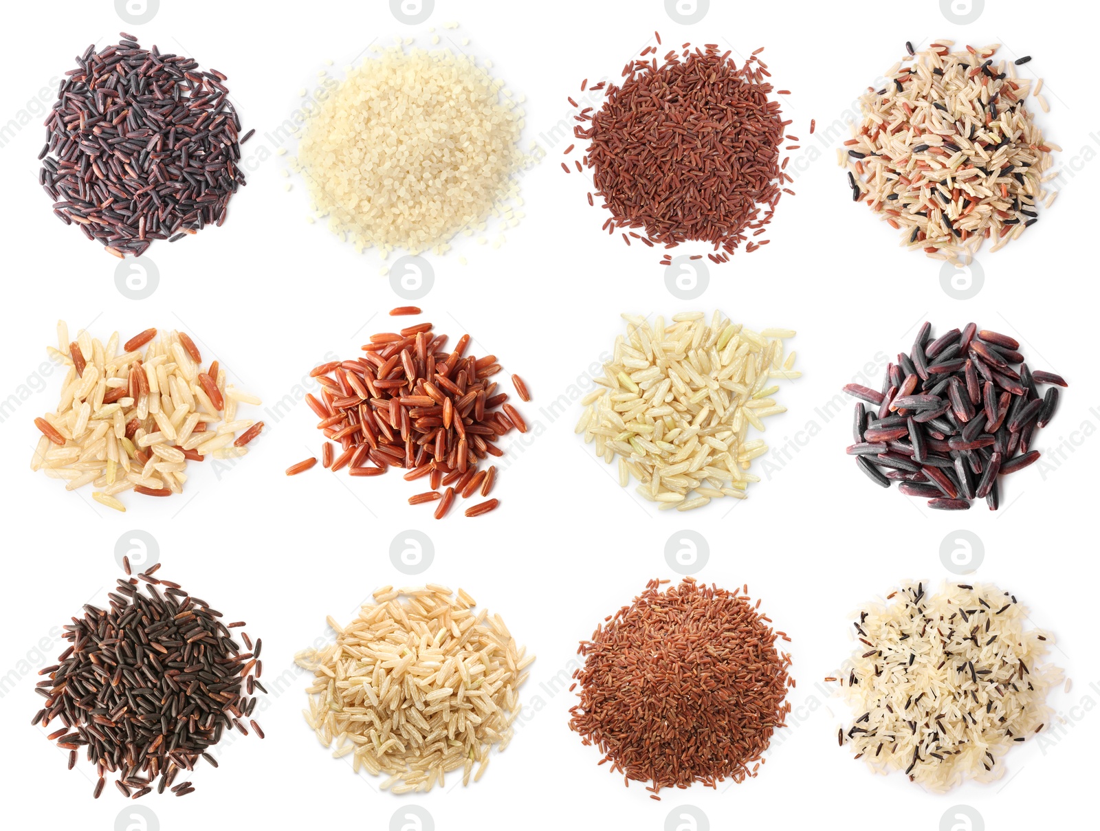 Brown and other types of rice isolated on white, set. Top view Image of Brown and other types of rice isolated on white, set. Top view